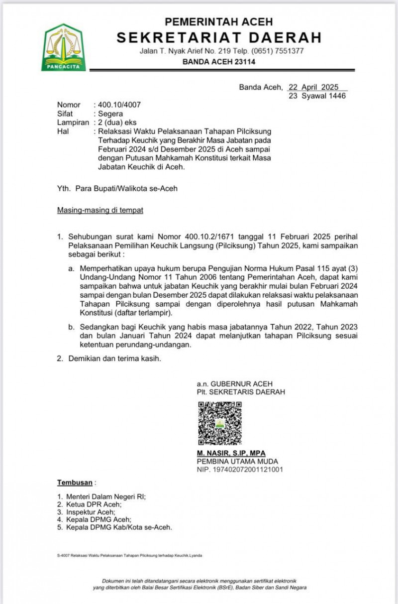Pemerintah Aceh Instruksikan Penundaan Pilchiksung Lewat Surat Resmi ke Bupati dan Wali Kota