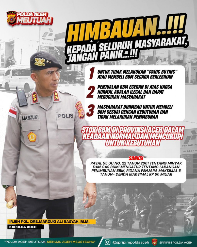 Kapolda Aceh Imbau Masyarakat Tidak Panic Buying, Stok BBM Dipastikan Aman